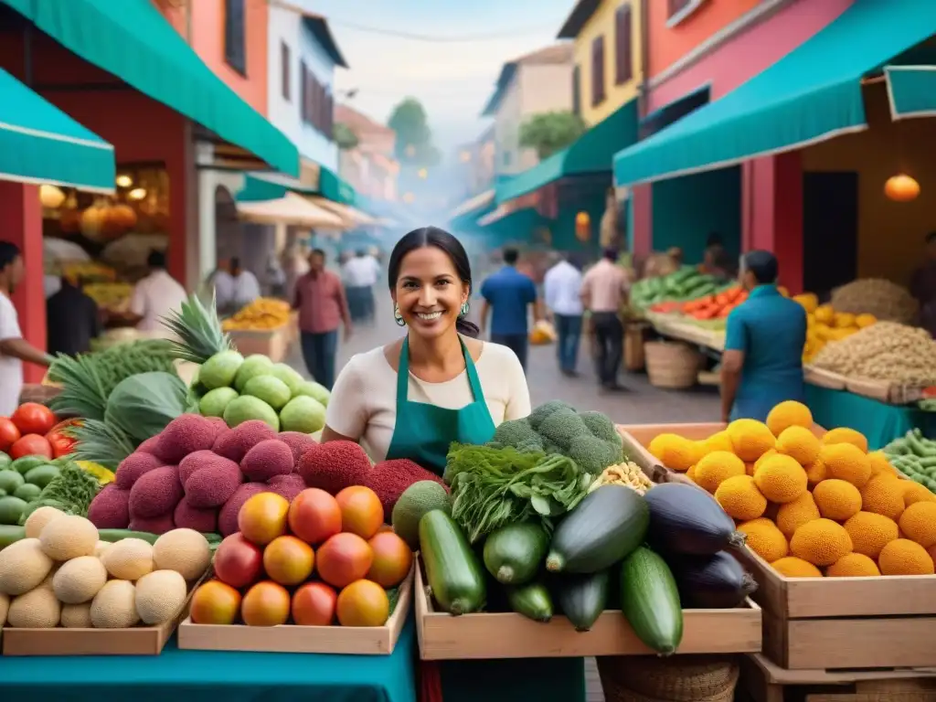 Un mercado latinoamericano vibrante, lleno de vida y color con recetas sin gluten inspiradas mundialmente