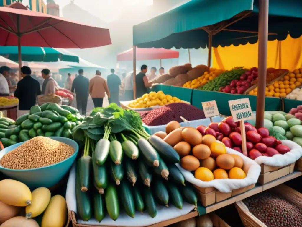 Mercado latinoamericano vibrante con productos frescos y coloridos, recetas sin gluten América Latina