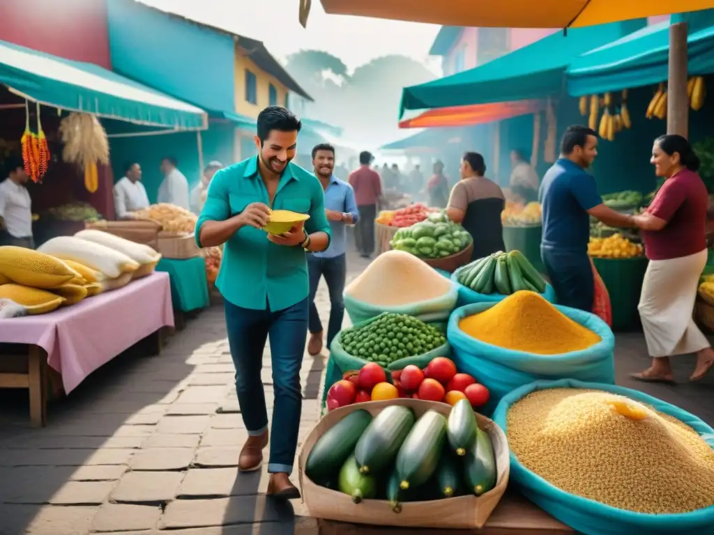 Un mercado latinoamericano vibrante con productos sin gluten, colores y sabores únicos, música de mariachi y ambiente festivo al atardecer