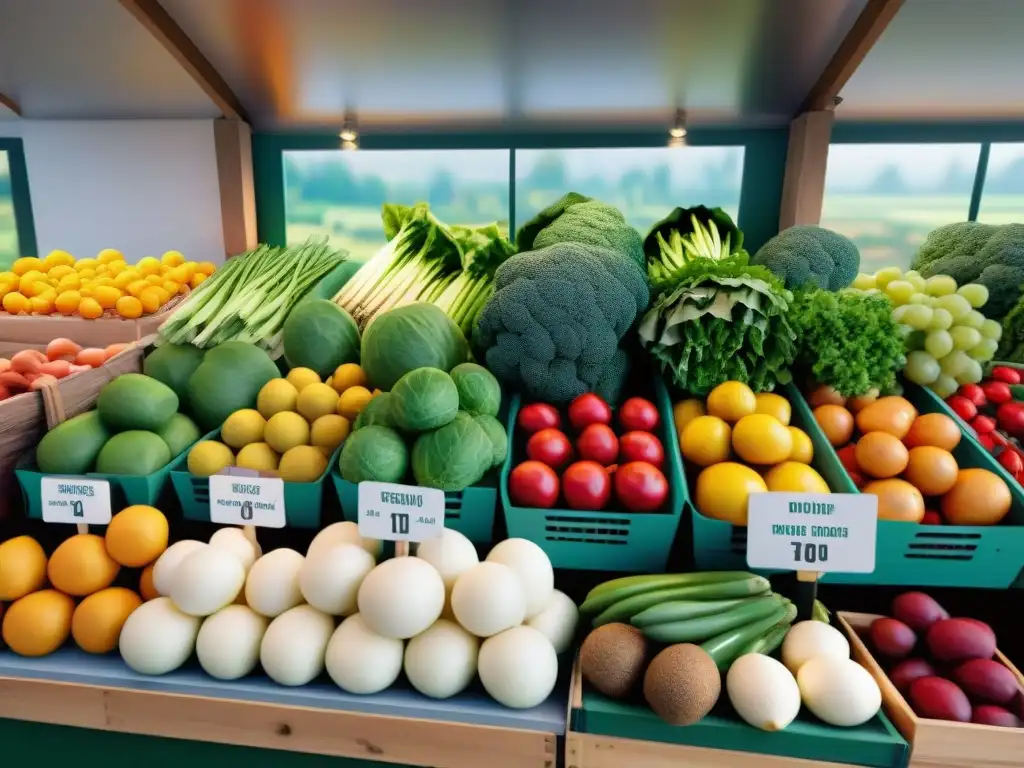 Un mercado lleno de alimentos orgánicos sin gluten marcas, frescos y coloridos, bañados por la cálida luz del sol