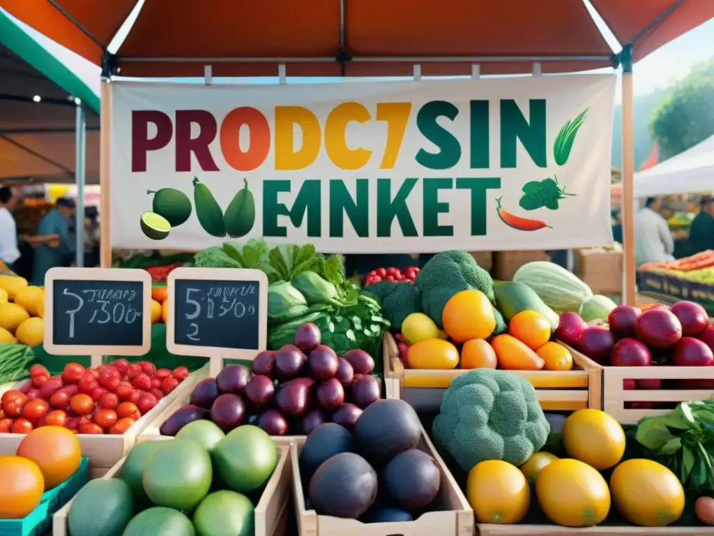 Un mercado agrícola lleno de frutas y verduras orgánicas coloridas, con un letrero destacado que dice 'Beneficios productos orgánicos sin gluten'