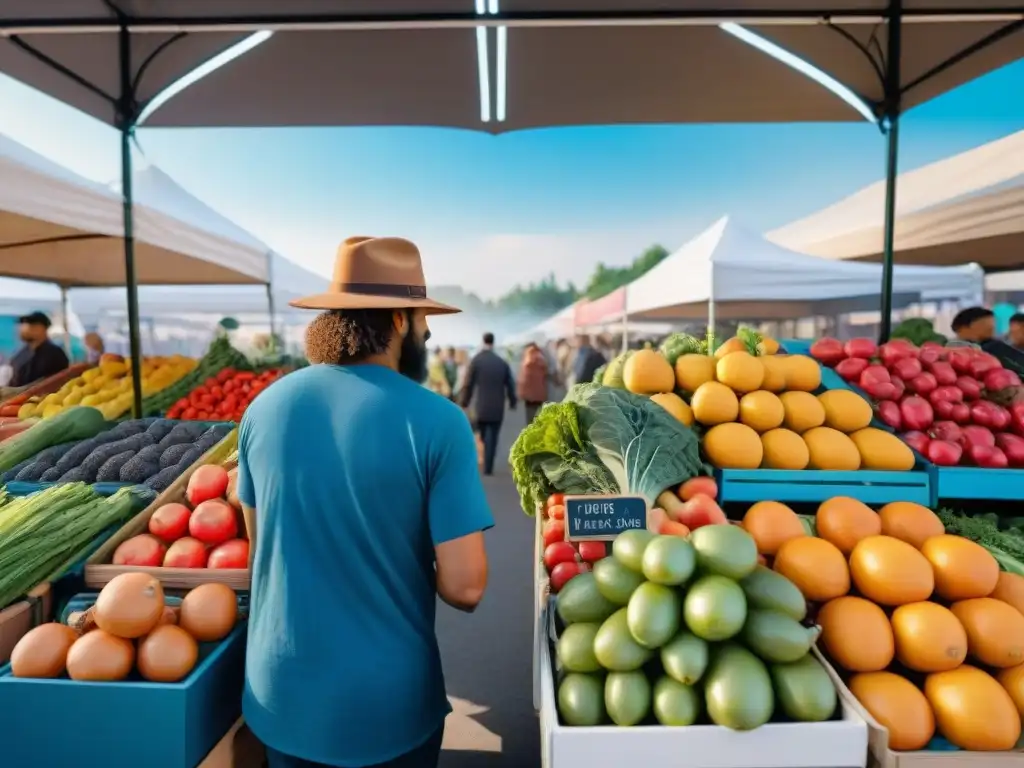 Un mercado lleno de frutas y verduras orgánicas, personas felices seleccionando productos frescos bajo un cielo azul