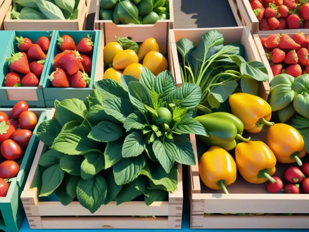 Un mercado lleno de frutas y verduras frescas y coloridas bajo el cielo despejado