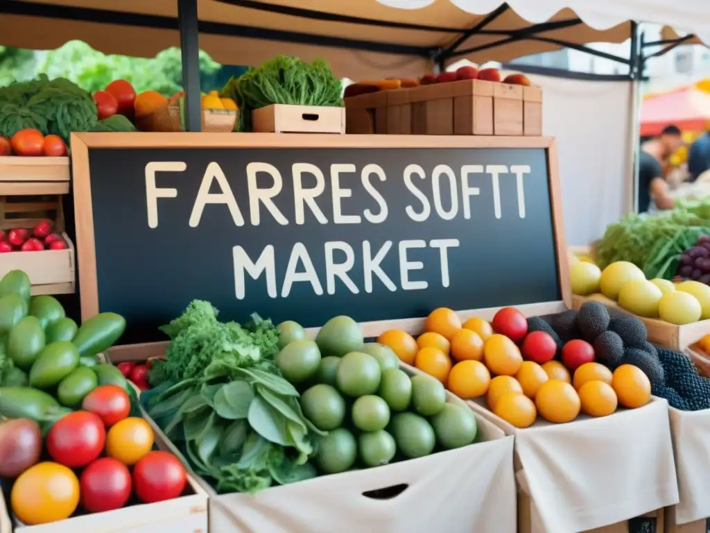 Un mercado lleno de frutas y verduras coloridas y orgánicas sin gluten, iluminado por el sol