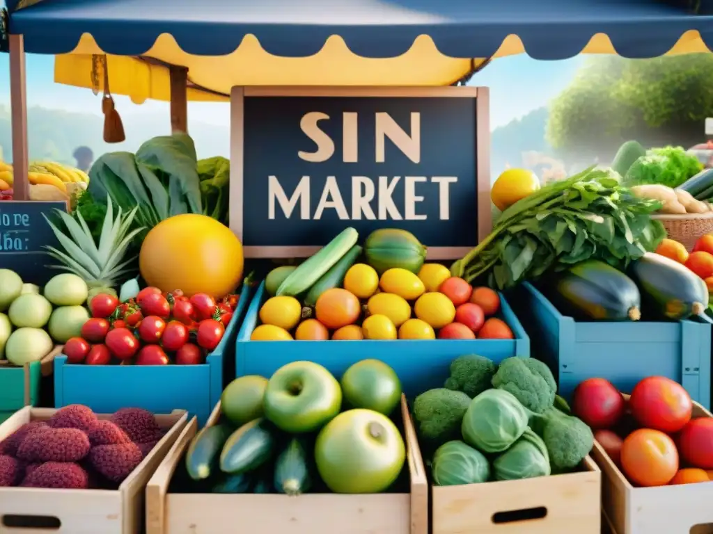 Un mercado lleno de frutas y verduras orgánicas sin gluten, con clientes felices