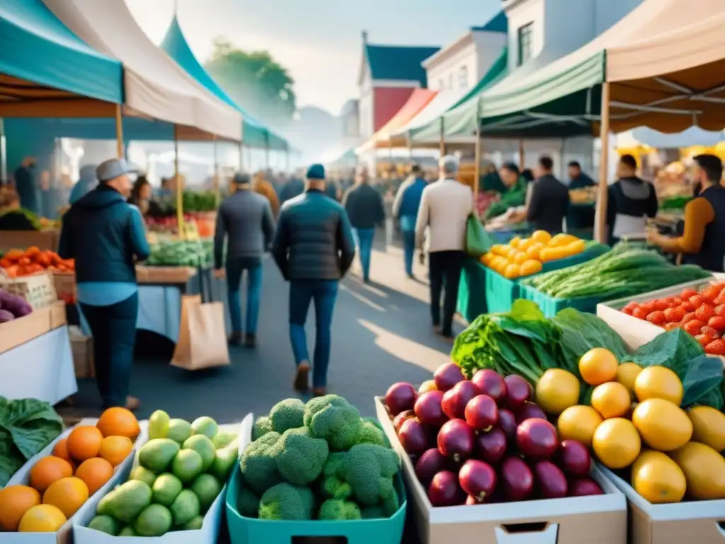 Un mercado lleno de vida y color con alimentos orgánicos sin gluten marcas, clientes felices y vendedores apasionados