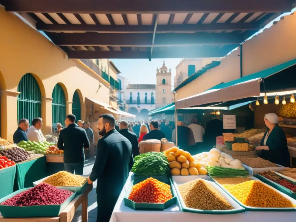 Un mercado lleno de vida y color en Málaga, con una variedad de productos sin gluten