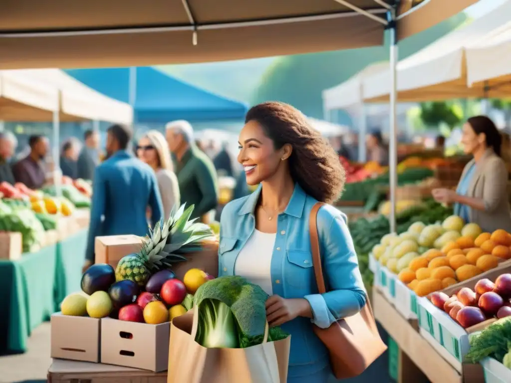 Un mercado lleno de vida y color, donde se disfrutan los beneficios de comprar alimentos sin gluten