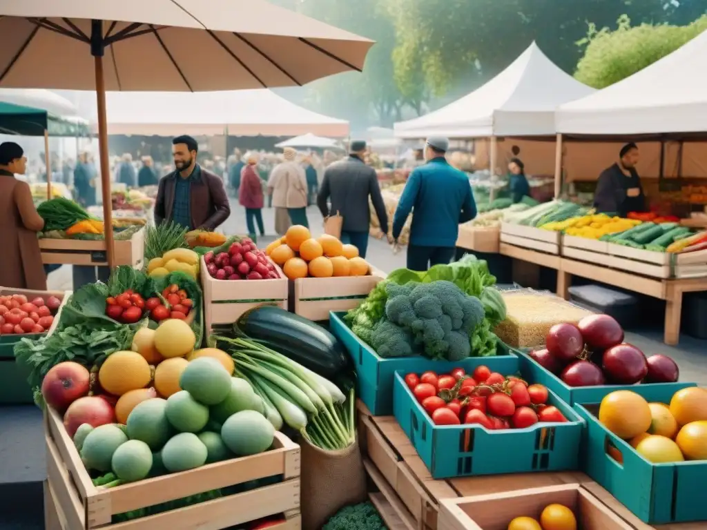 Un mercado lleno de vida con frutas y verduras de temporada, transmitiendo frescura y comunidad para recetas veganas sin gluten temporada