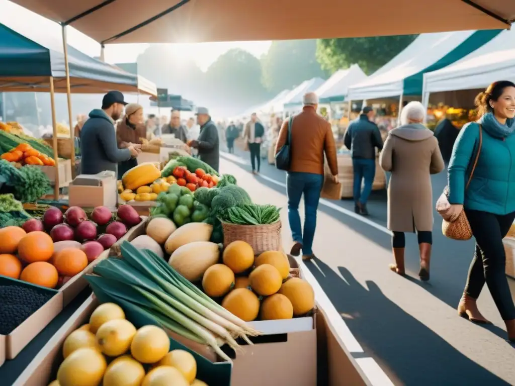 Un mercado lleno de vida con frutas, verduras y productos sin gluten