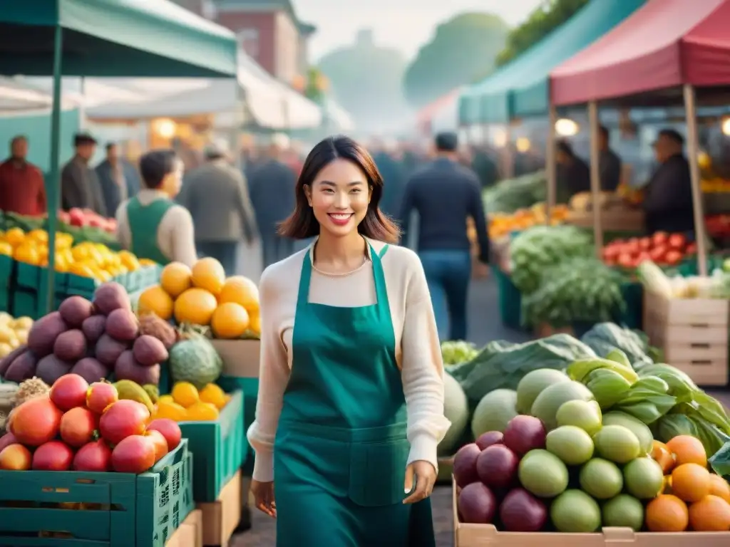 Un mercado lleno de vida con frutas frescas, verduras y productos sin gluten