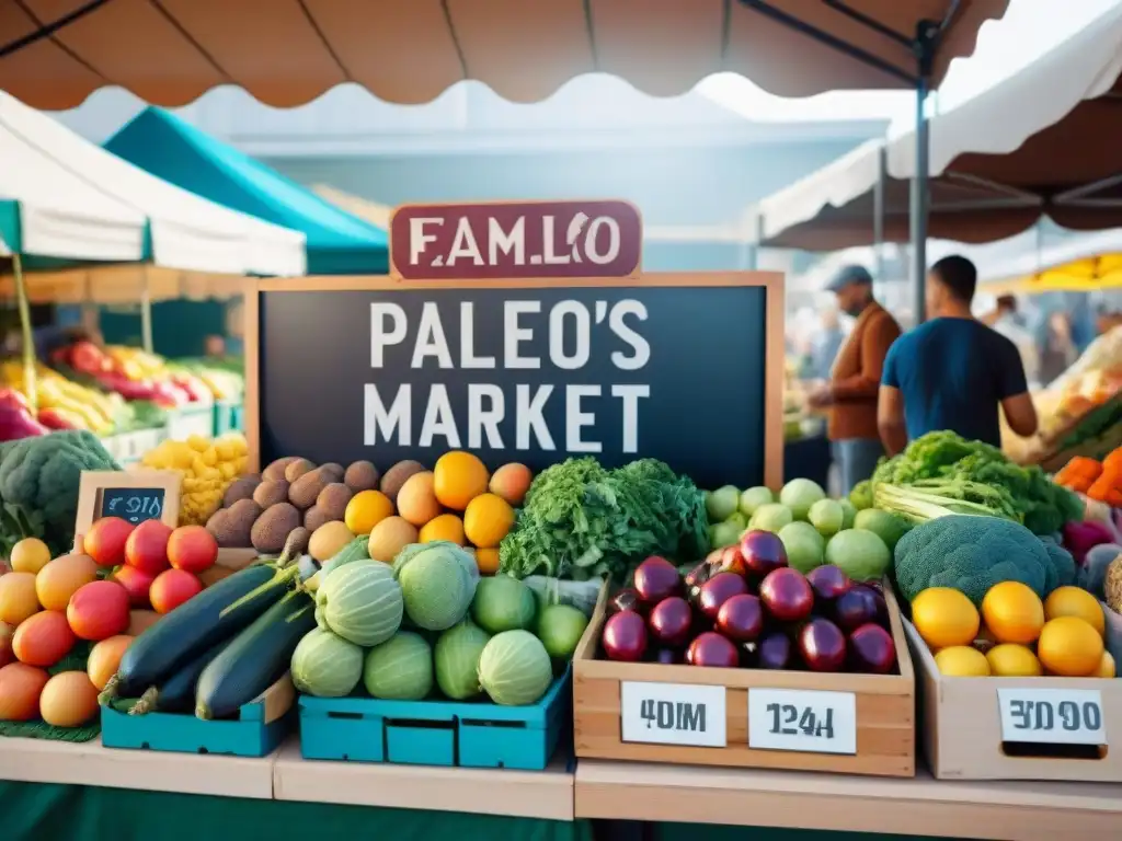 Un mercado lleno de vida con frutas y verduras orgánicas, opciones sin gluten y paleo, clientes felices