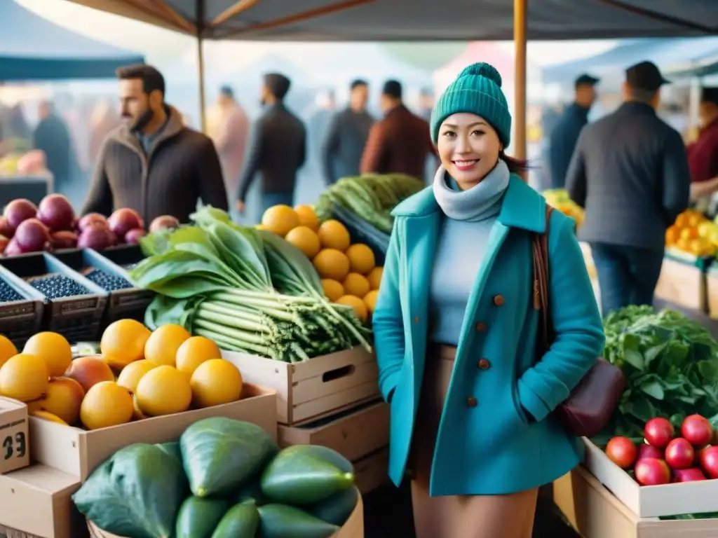 Un mercado lleno de vida con frutas, verduras y opciones saludables sin gluten, irradiando vitalidad y bienestar