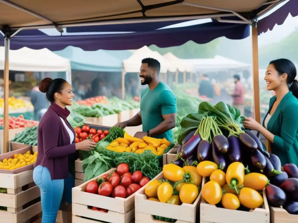 Un mercado lleno de vida con frutas y verduras de temporada en colores vibrantes, ideal para recetas veganas sin gluten de temporada