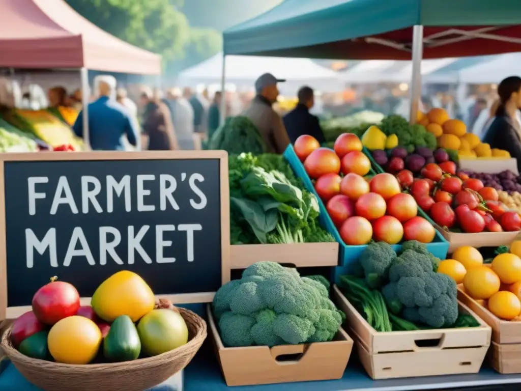 Un mercado lleno de vida con frutas y verduras frescas y coloridas, destacando opciones sin gluten como quinoa, kale, bayas y nueces