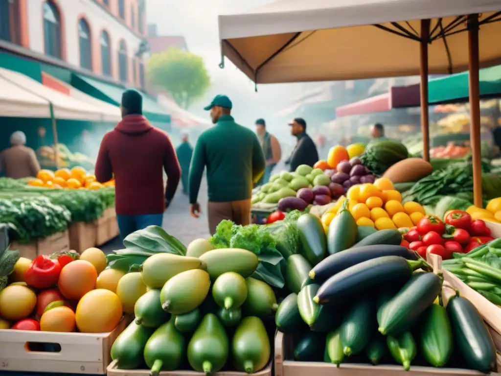 Un mercado lleno de vida con frutas y verduras vibrantes, resaltando los beneficios de las vitaminas B y sin gluten