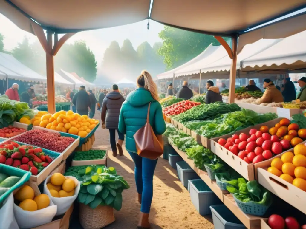 Un mercado lleno de vida con niños felices seleccionando frutas y verduras frescas