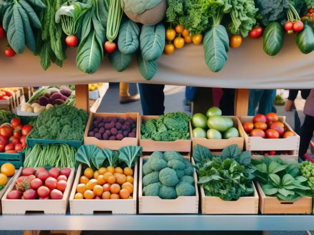 Un mercado lleno de vida con productos orgánicos y sin gluten, creando una atmósfera comunitaria y colorida