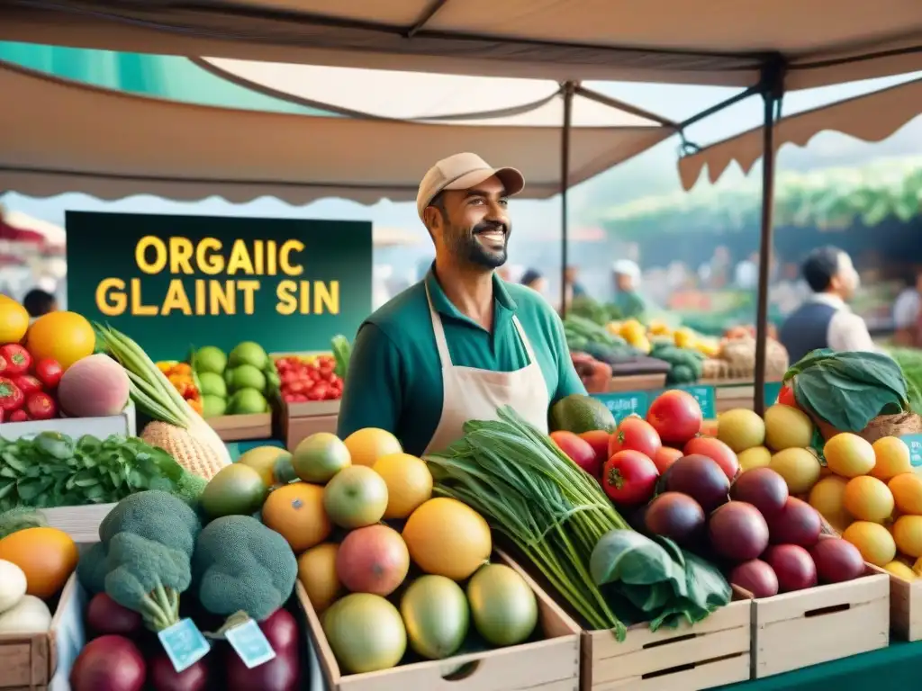 Un mercado lleno de vida con productos orgánicos sin gluten beneficios, colores vibrantes y clientes interesados