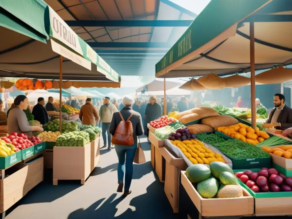 Un mercado lleno de vida con productos orgánicos sin gluten