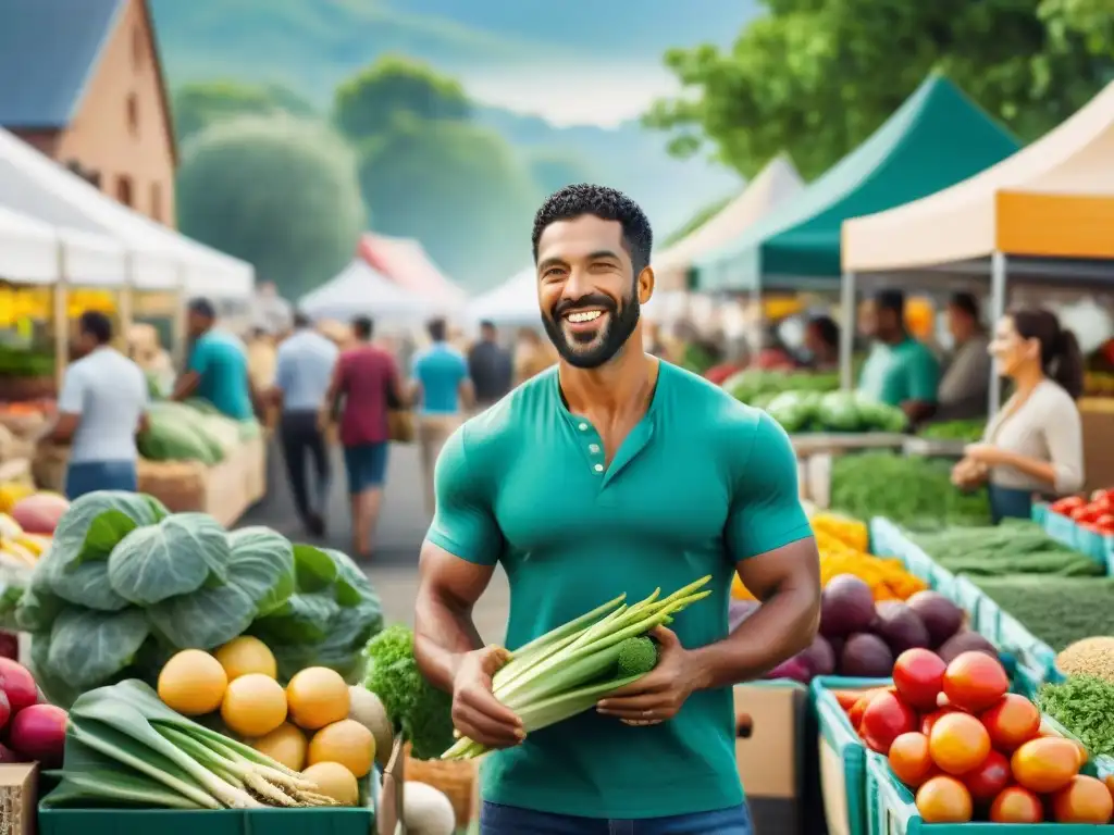 Un mercado lleno de vida con superalimentos sin gluten beneficios, gente feliz comprando productos frescos y coloridos