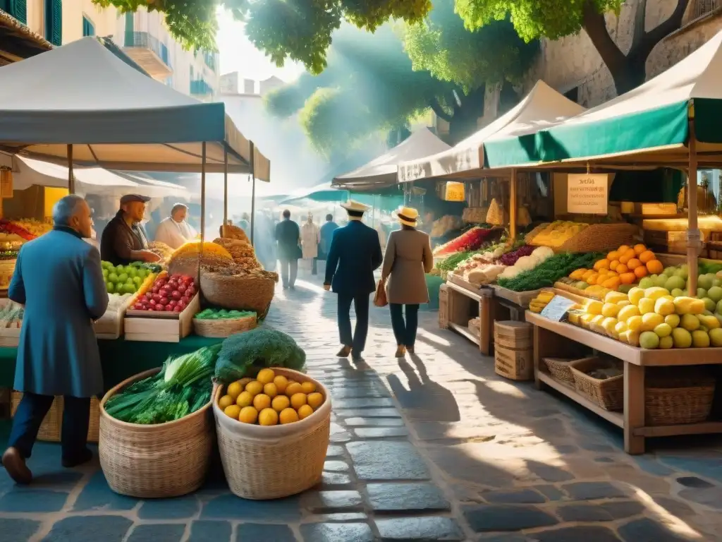 Un mercado local bullicioso en Palma de Mallorca sin gluten, lleno de productos frescos y coloridos bajo la luz del sol filtrada entre los árboles