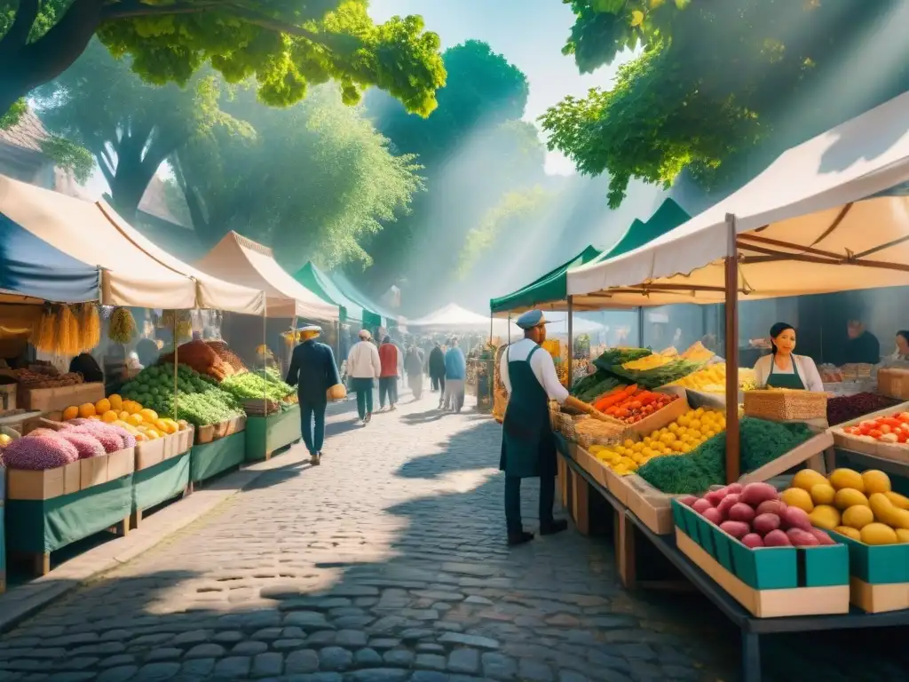 Un mercado local sin gluten auténtico: coloridas tiendas con frutas, verduras y productos horneados