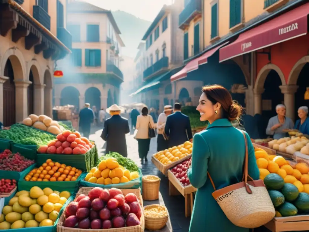 Un mercado local vibrante en España, lleno de vida y color, donde los viajeros descubren opciones sin gluten