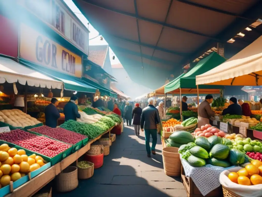 Un mercado local vibrante con productos frescos y sin gluten, shoppers diversos disfrutando de la experiencia inclusiva