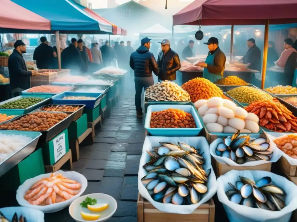 Un mercado de mariscos vibrante con mariscos frescos en hielo y expertos preparando pedidos