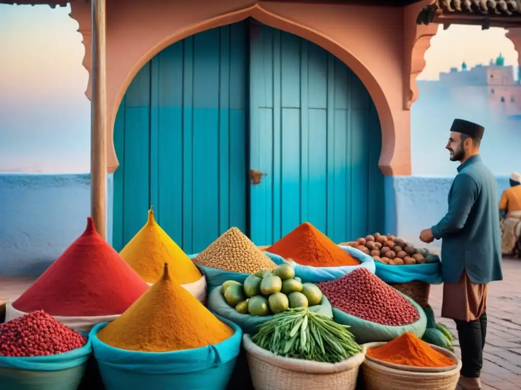 Un mercado marroquí vibrante con especias coloridas, vegetales frescos y cerámica artesanal bajo un cielo azul claro en Marrakech