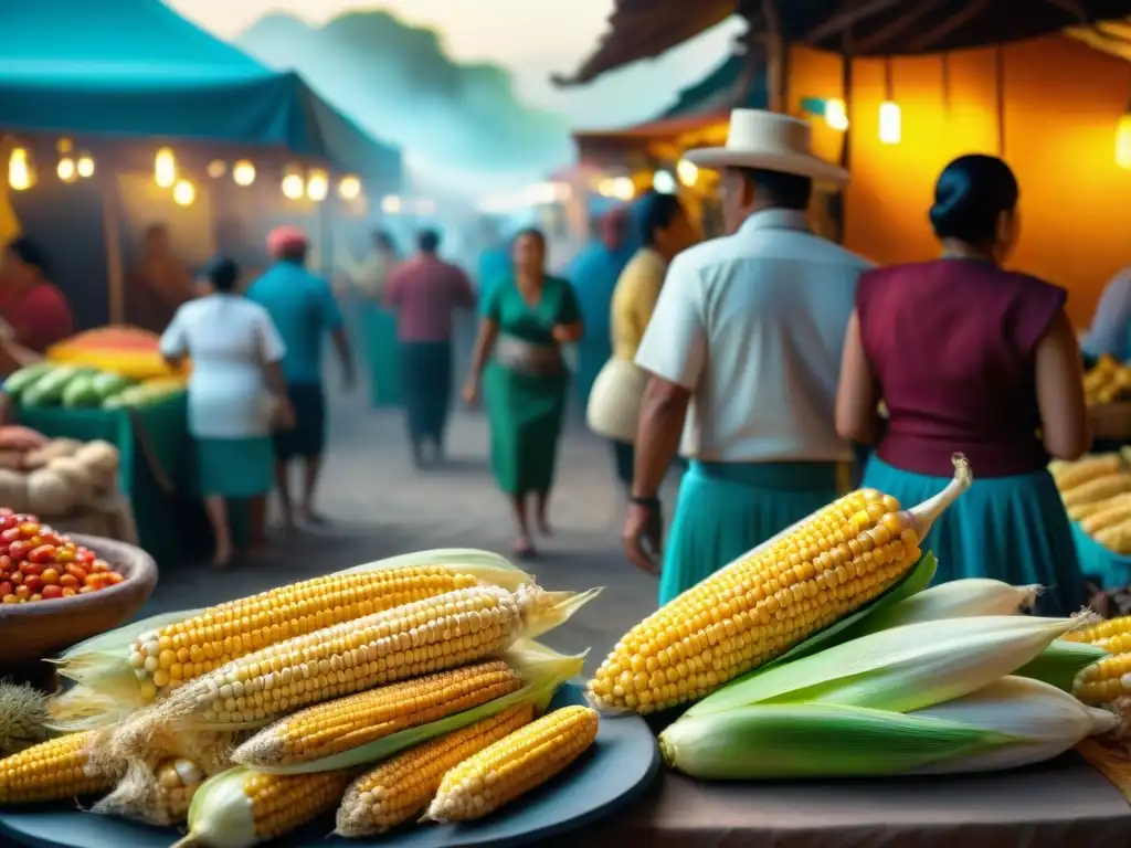 Mercado maya vibrante con puestos de maíz fresco y cocineros en trajes tradicionales