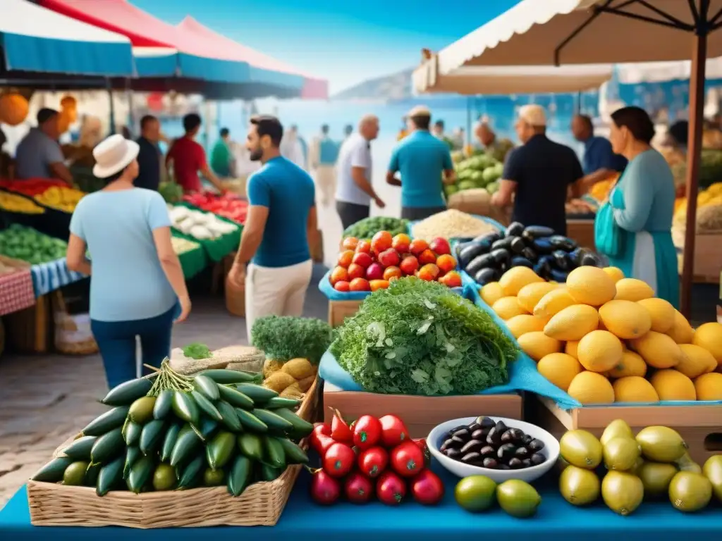 Un mercado mediterráneo bullicioso con recetas sin gluten, celiacos disfrutando de sabores vibrantes y frescos