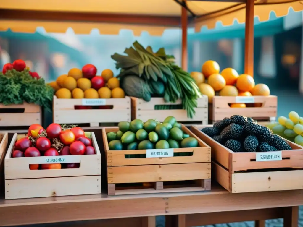 Un mercado mediterráneo vibrante con frutas frescas y vegetales, bajo el sol