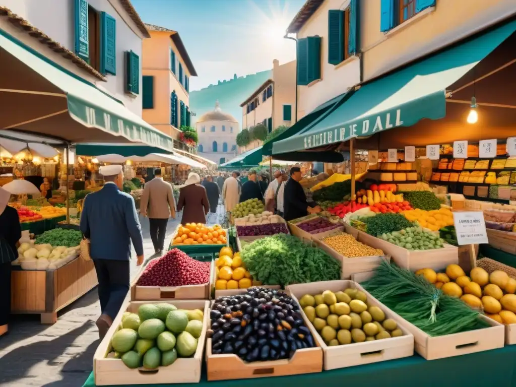 Mercado mediterráneo vibrante: escena auténtica llena de vida y color Un mercado mediterráneo vibrante con productos frescos y coloridos