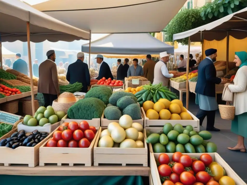 Mercado mediterráneo: escena vibrante llena de color y vida Un mercado mediterráneo vibrante con puestos coloridos rebosantes de frutas frescas y vegetales