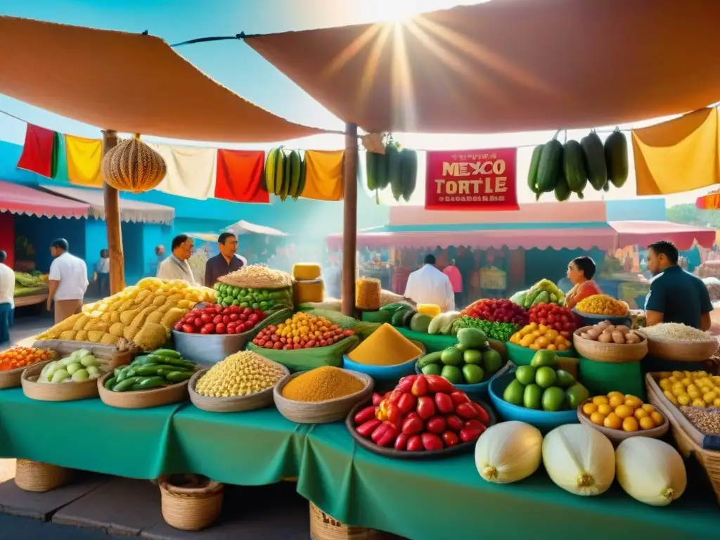 Un mercado mexicano tradicional rebosante de colores y sabores, con recetas sin gluten México en cada esquina