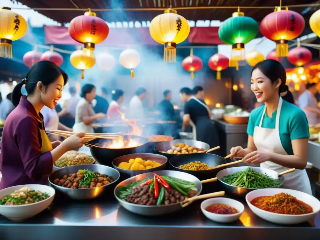 Un mercado nocturno asiático bullicioso iluminado por linternas coloridas, con cocina asiática sin gluten innovadora y clientes felices