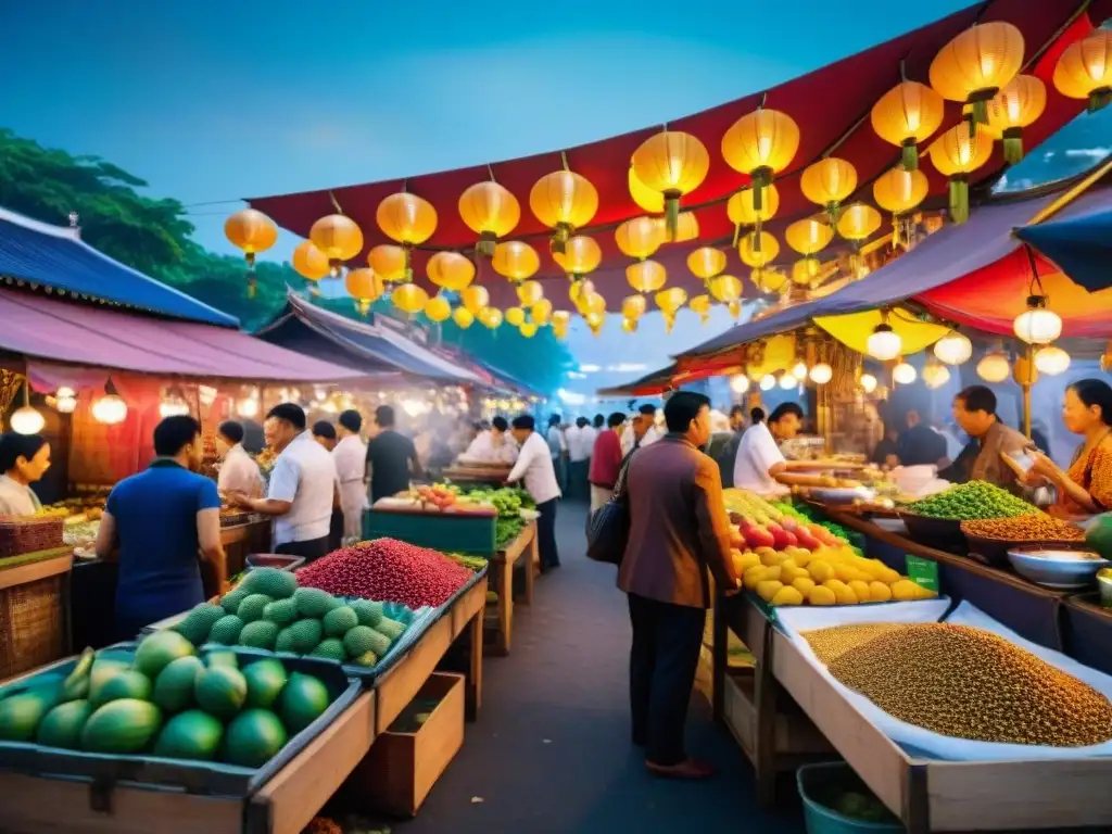 Un mercado nocturno bullicioso en Asia con frutas exóticas, especias y chefs preparando platos