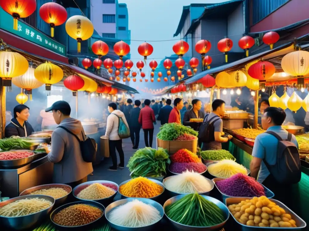 Un mercado nocturno bullicioso en Taiwán con puestos vibrantes de comida callejera sin gluten y una multitud entusiasta bajo faroles brillantes