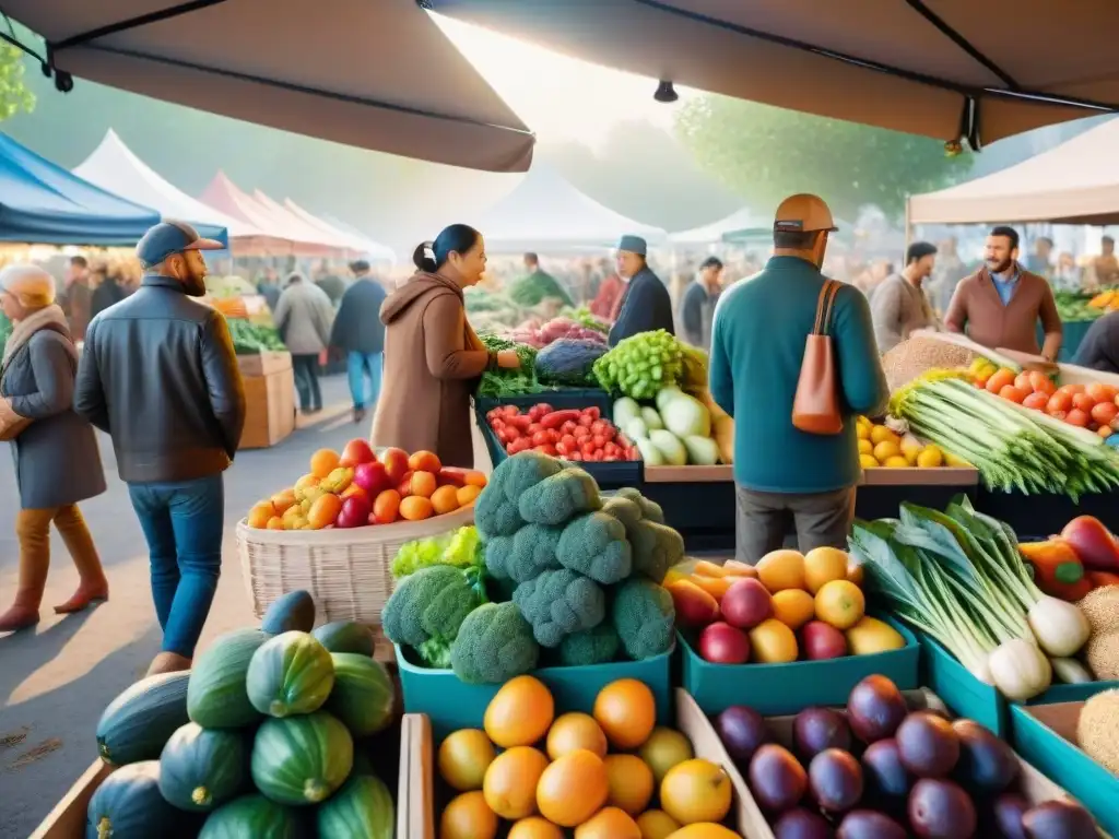 Mercado orgánico bullicioso con productos frescos sin gluten, familias felices comprando