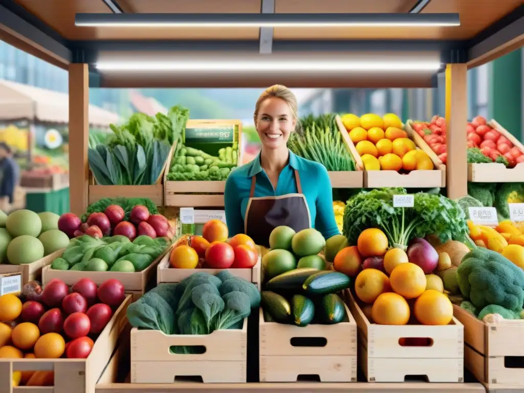 Un mercado orgánico con frutas y verduras sin gluten, clientes curiosos y un ambiente acogedor