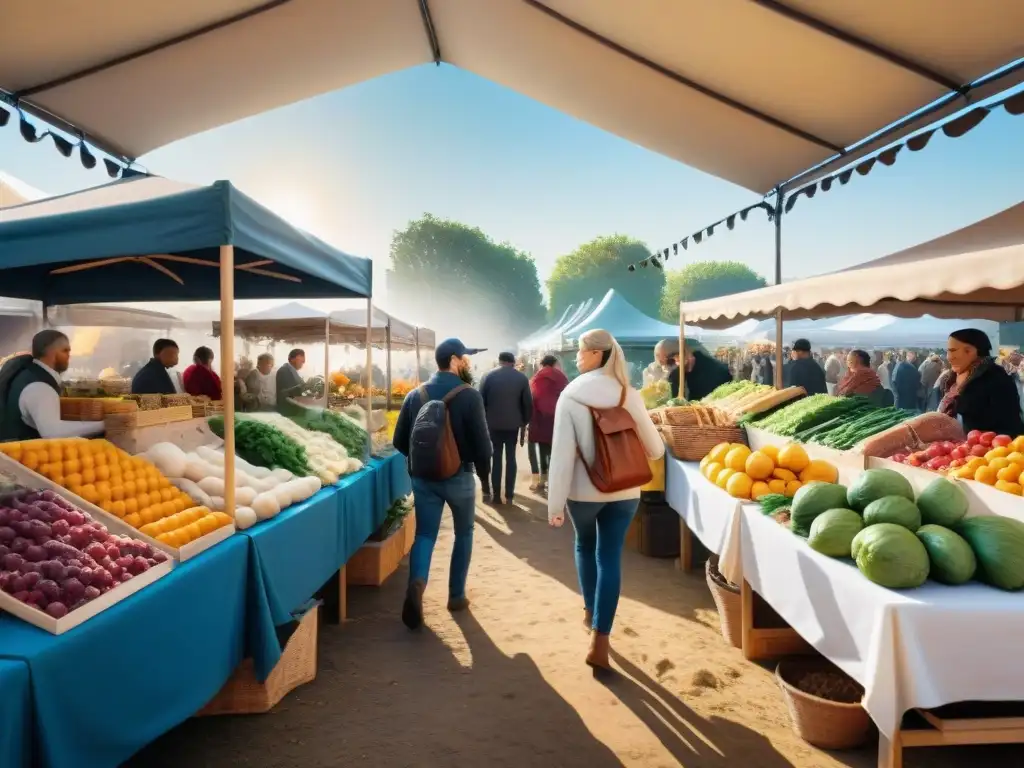 Un mercado orgánico sin gluten rebosante de vida y color bajo el cálido sol, con beneficios productos orgánicos sin gluten