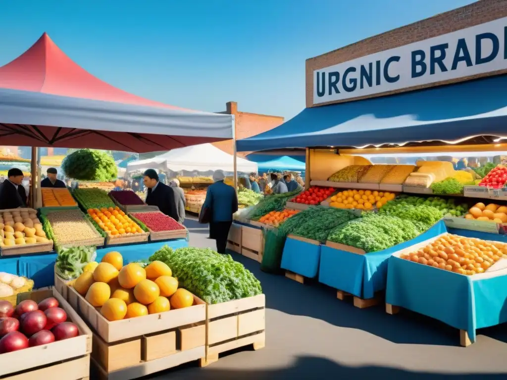 Un mercado orgánico vibrante y detallado con una variedad de productos frescos y sin gluten certificados, mostrando diversidad y comunidad