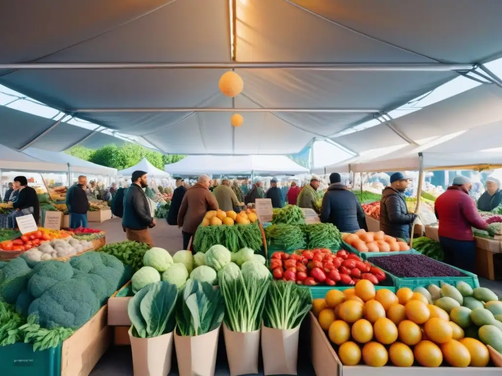 Un mercado orgánico vibrante con productos frescos y coloridos, donde los compradores eligen con alegría productos sin gluten