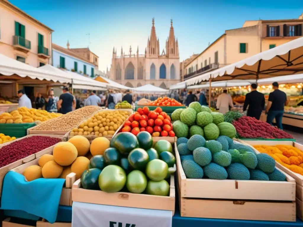 Puesto de mercado en Palma de Mallorca con productos frescos y sin gluten, bajo un cielo azul y la catedral de fondo