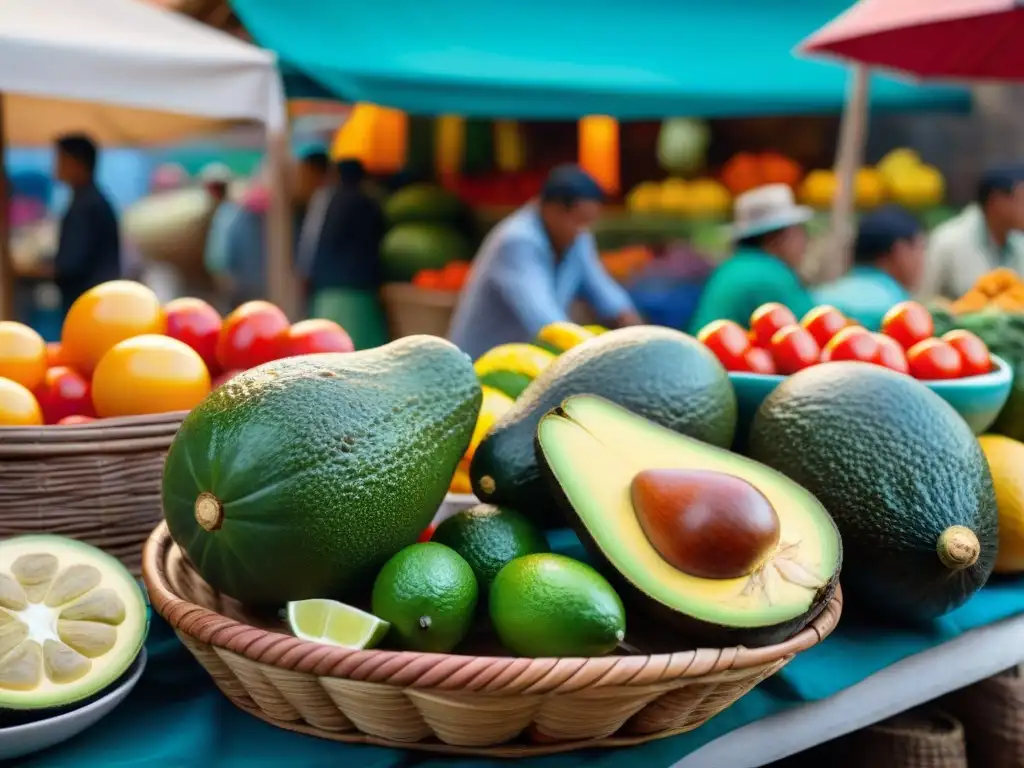 Un mercado peruano vibrante con ingredientes frescos y coloridos, escena auténtica y cálida luz