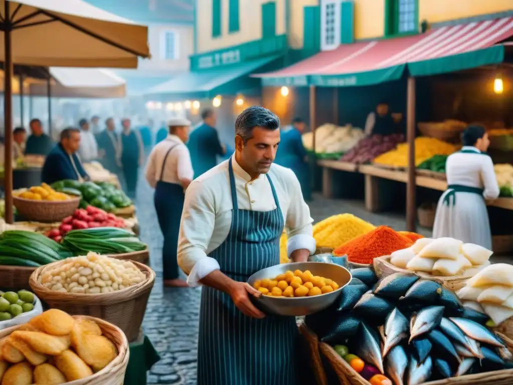 Un mercado portugués tradicional lleno de vida, con bacalao fresco, productos coloridos y especias locales