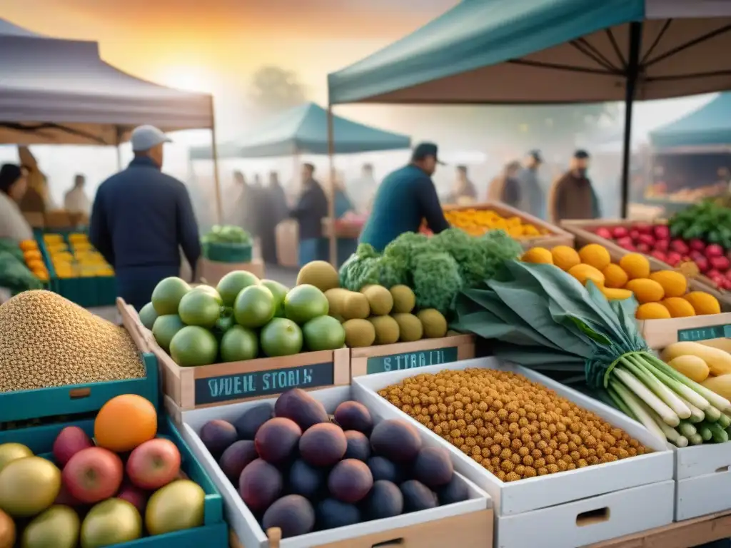 Mercado vibrante: frutas y verduras frescas en un ambiente acogedor Un mercado rebosante de frutas frescas y verduras, bañado por la cálida luz del sol