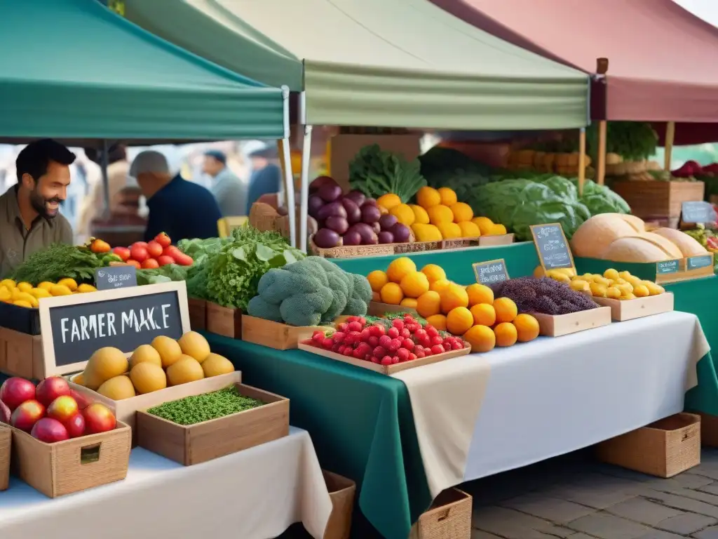 Un mercado agrícola rebosante de frutas, verduras y productos sin gluten